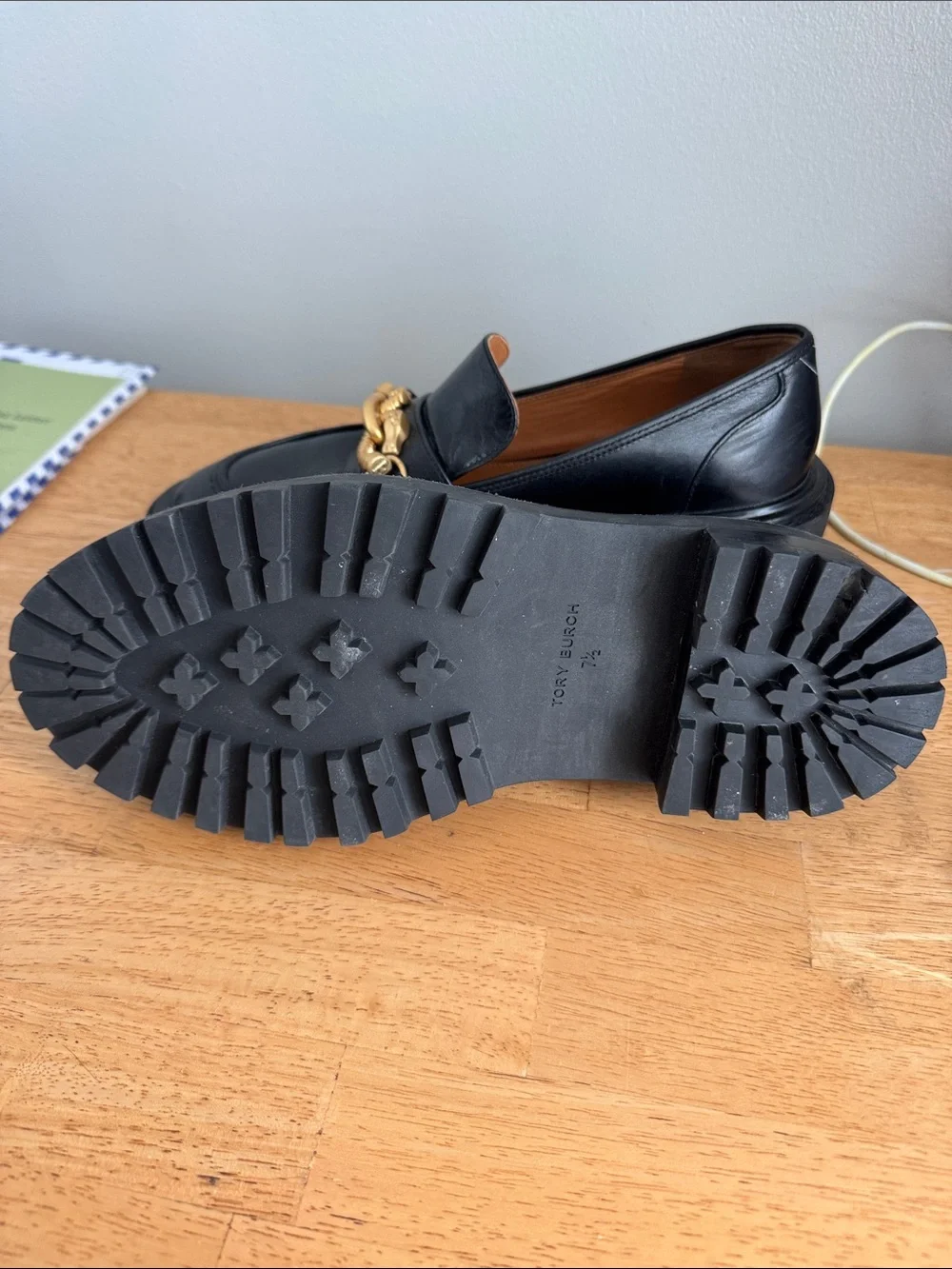 Tory Burch Black Leather Loafers with Gold Chain Detail